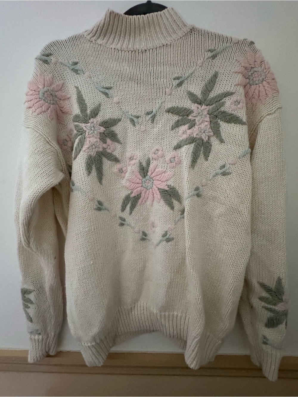 Vintage Cream Floral Embroidered Mock Neck Sweater